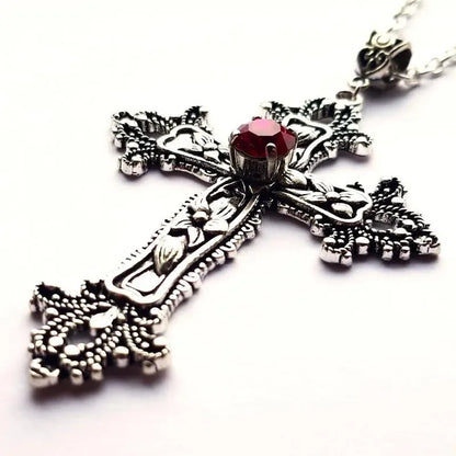 Large Detailed Cross Black Drill Jewel Necklace Silver Color Tone Pendant Goth Punk Jewellery Fashion Charm Statement Women Gift - AMULET RING STORE