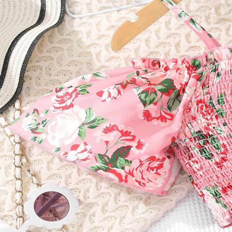 Two Piece Summer Girl Cute Breathable Shoulder Strap Printed Short Sleeved Skirt Pants Princess Birthday Party Costume Set