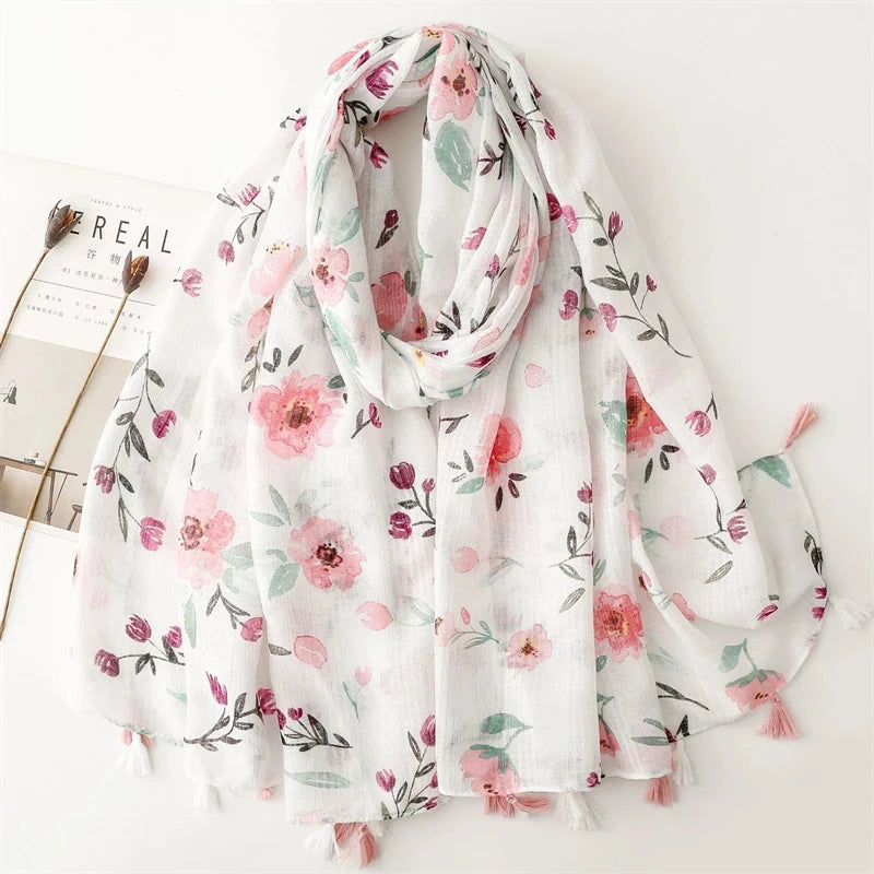 White Pink Flower Women Scarf Shawl Cotton Linen Feeling Tassel Pashmina Muslim Hijab Wrap Lady Viscose Scarf Foulard