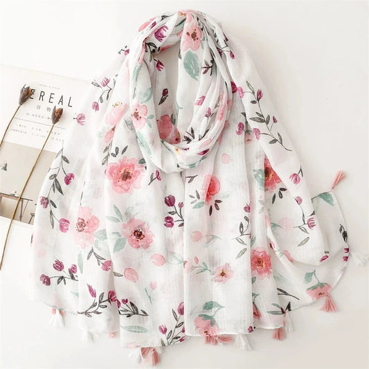 White Pink Flower Women Scarf Shawl Cotton Linen Feeling Tassel Pashmina Muslim Hijab Wrap Lady Viscose Scarf Foulard
