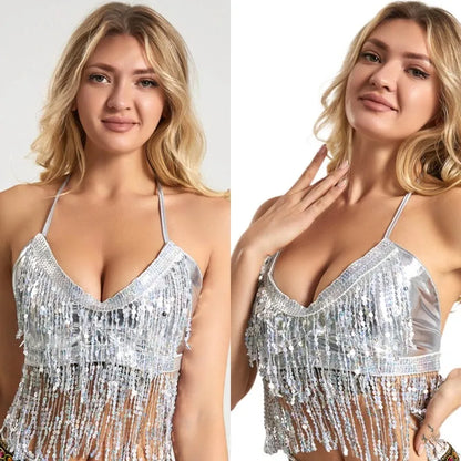 Women Belly Dance Tassel Crop Top Sequin Halter Top Bandage Tank Top Strappy Backless Tube Sleeveless Vest Hot Beach Shinny Top - AMULET RING STORE