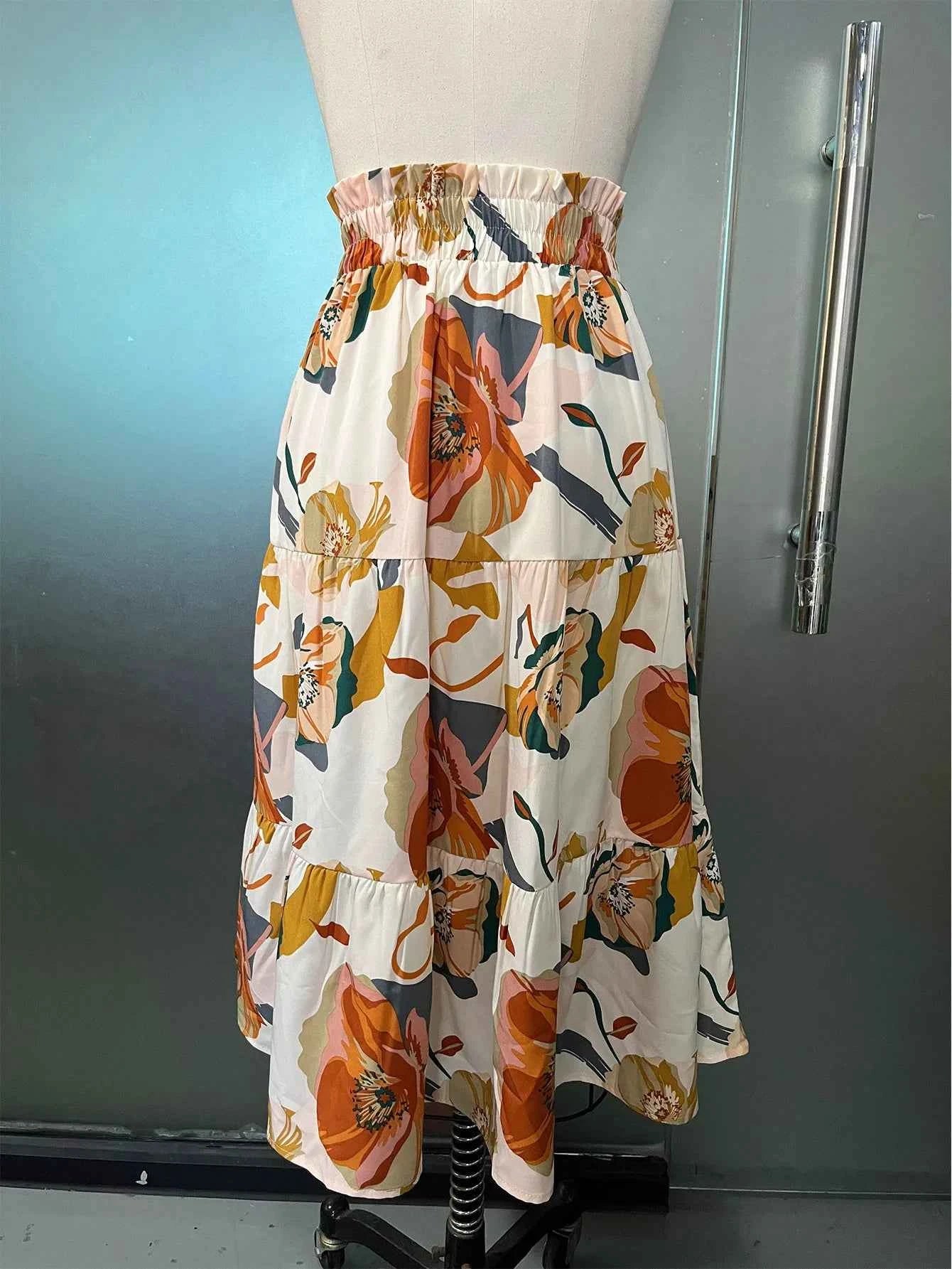 Women Floral Print Elastic Waist Pleated Skirt Multiple Colors All-match Lady Skirt
