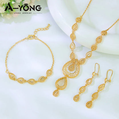 Luxury Dubai Wedding Jewelry Set 21k Gold Plated Arab Bridal Gold Necklace Bracelet Earrings Brazilian Women Vintage Jewelrys
