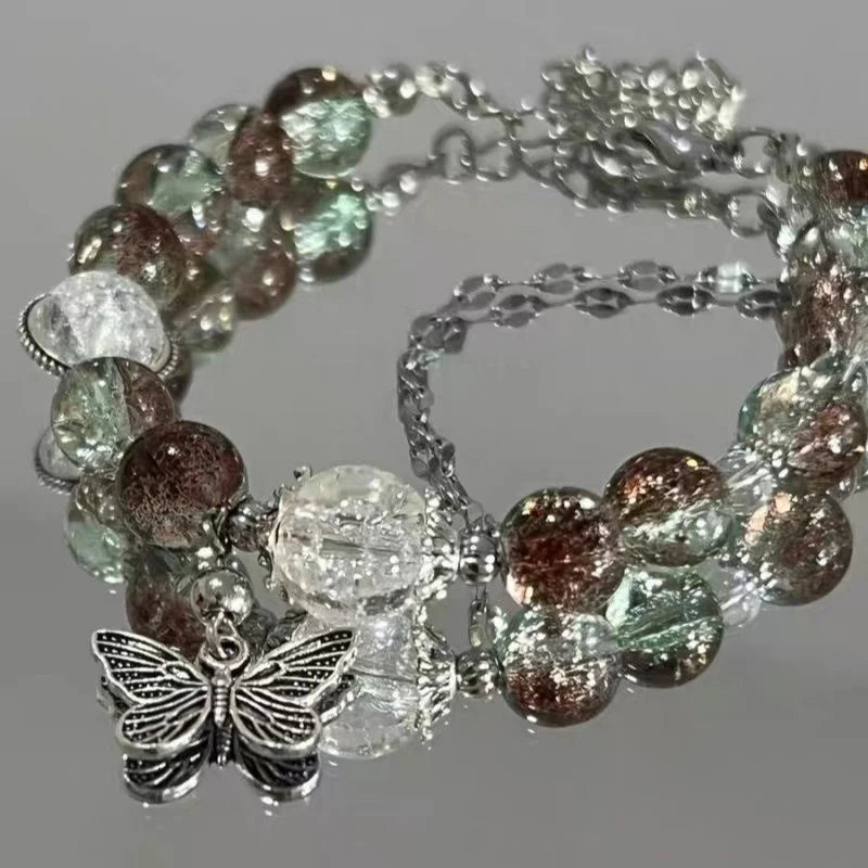 Creative Personalized Beaded Bracelet Red Crystal Feather Pendant Bracelet New Women Vintage Elastic Beaded Chain Accessories