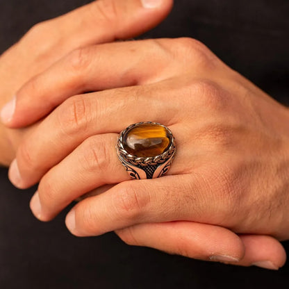 Brown tiger eye stone men and women retro new trend ring Turkish handmade spiral carving ring party niche jewelry