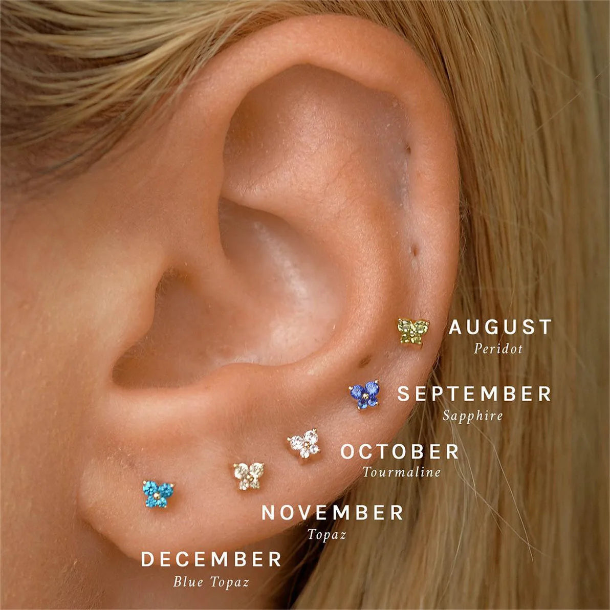 1PC Stainless Steel Birthstone Little Ear Stud Earrings 12 Zodiac Signs Crystal Zirconia Butterfly Earring Party Wedding Jewelry