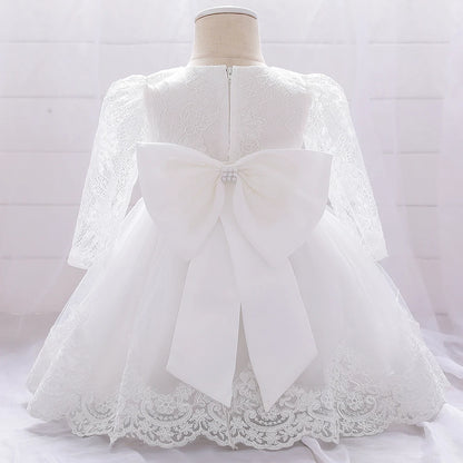 Newborn Long Sleeve Baby Girl Dresses Party Wedding Girl Lace Big Bow Dresses Infant Girl 1st Birthday Princess Baptism Dress