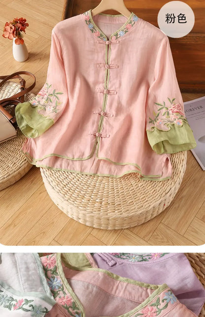 Casual Loose Blouse Shirt Women Clothes Summer Cotton Linen Ladies Tops Tee Blusas Vintage Embroidery Woman Shirt Camiseta Mujer