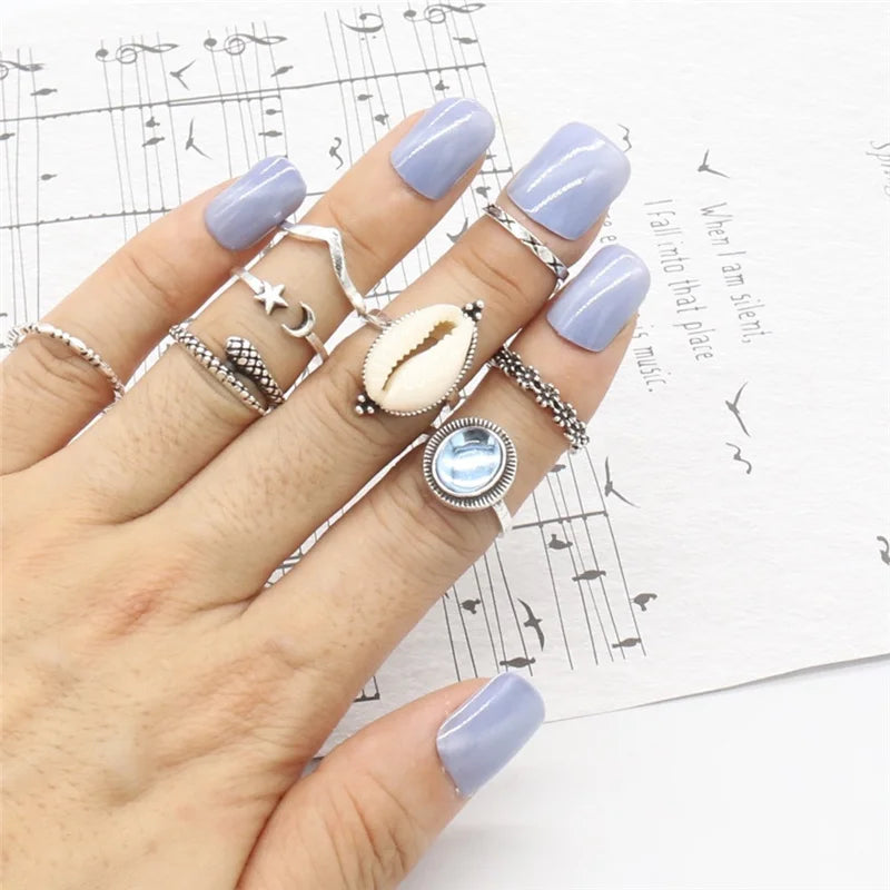 Antique Star Moon Snake Flower Shell Ring Set for Women Ethnic Style Creative Party Jewelry Accessories Custom Jewelry