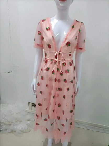 French Style Strawberry Two-tone V-neck Long Dress Sequins Ruffles Fashionable Net Yarn Sleeveless Robe