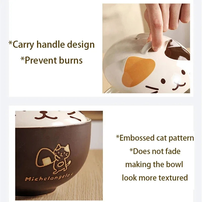 550ml Cartoon Cat Ceramic Instant Noodle Bowl With Lid Underglaze Color Soup Salad Bowl Kitchen Office Student Lunch Box 1pcs - AMULET RING STORE