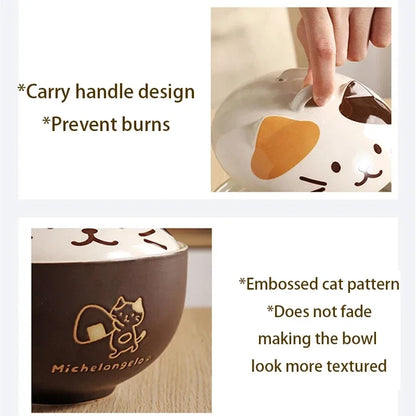 550ml Cartoon Cat Ceramic Instant Noodle Bowl With Lid Underglaze Color Soup Salad Bowl Kitchen Office Student Lunch Box 1pcs - AMULET RING STORE