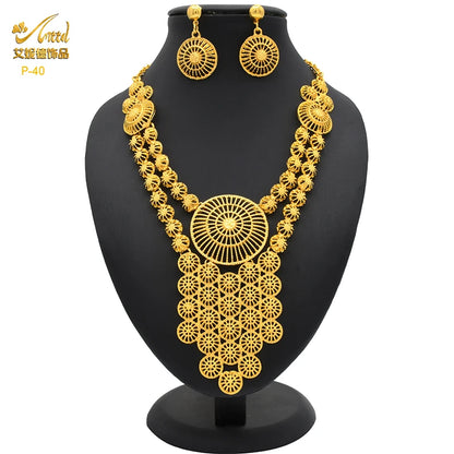 Wholesale African 24K Gold Color Long Necklace Jewelry Set Nigerian Party Bridal Wedding Ethiopian Luxury Dubai Indian
