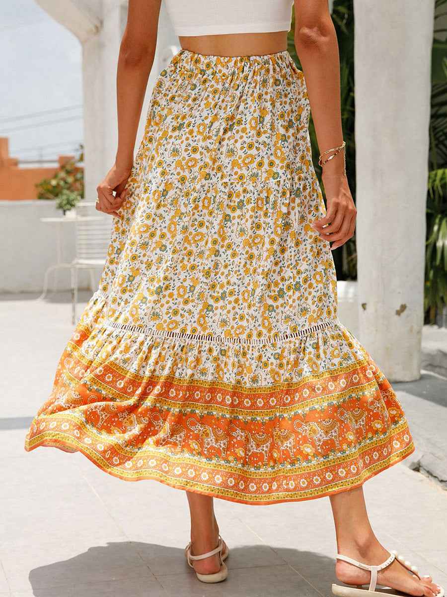 Women Long Skirt Elegant Elastic Waist Floral Flowy Summer Swing Skirt for Casual Daily