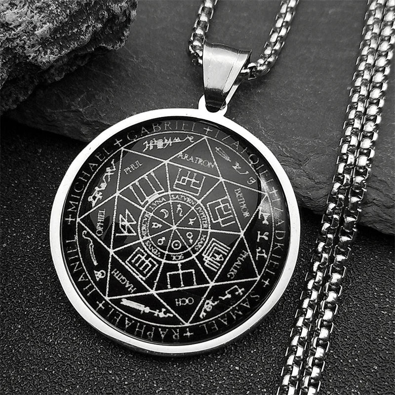 Seal of Seven Archangels Medal Stainless Steel Glass Necklace