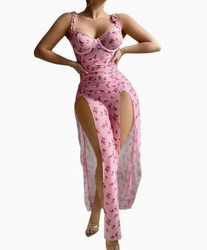 Pajamas Women's Night Dress Suspenders Rose Print Split Fork Nightgowns Slim Fit Home Wear Mesh Sleeveless Sexy Dress Sweet 5HEN - AMULET RING STORE