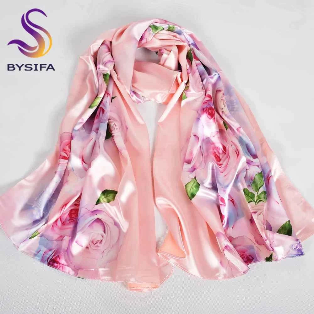 New Spring Fall Pink Rose Silk Scarf Shawl Printed Winter Fashion Women Neck Scarf  Floral Design Long Scarves Wraps  160*70cm