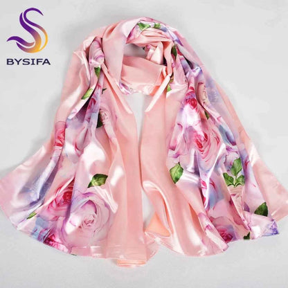 New Spring Fall Pink Rose Silk Scarf Shawl Printed Winter Fashion Women Neck Scarf  Floral Design Long Scarves Wraps  160*70cm