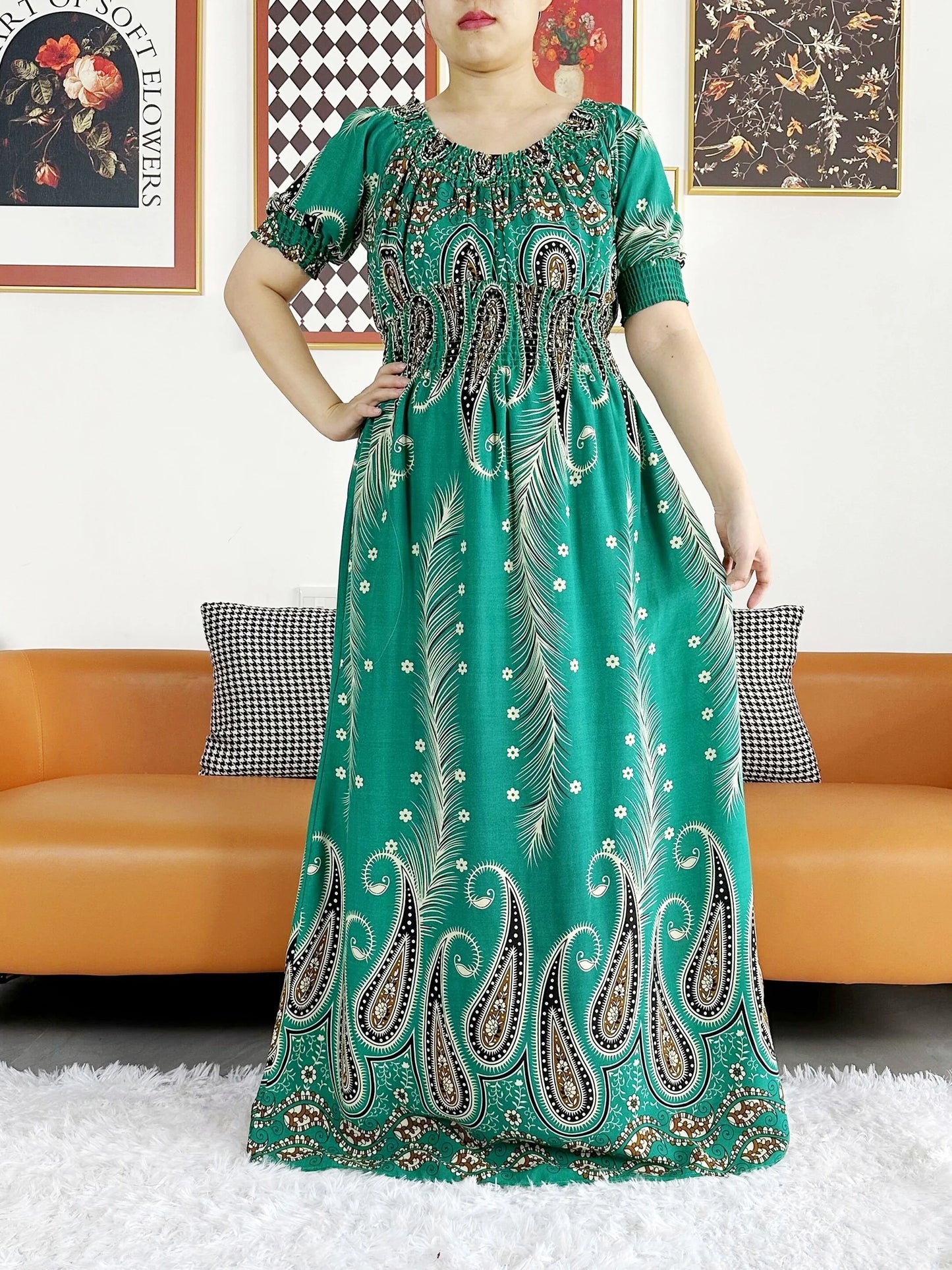 New Summer Women Abaya Short Sleeve Dashiki Floral Collect Waist Loose Maxi Robe Floral Femme Musulmane African Printing Abaya