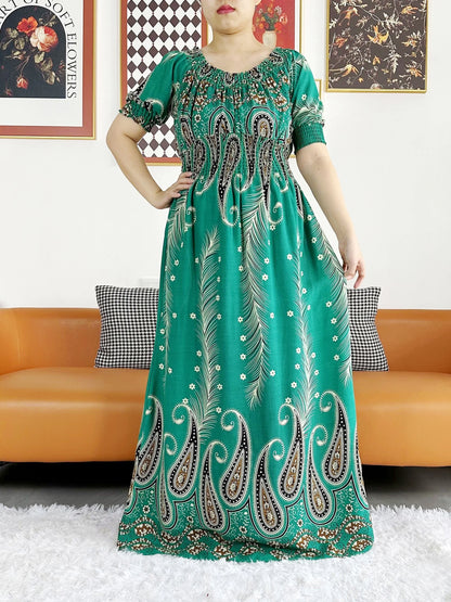New Summer Women Abaya Short Sleeve Dashiki Floral Collect Waist Loose Maxi Robe Floral Femme Musulmane African Printing Abaya
