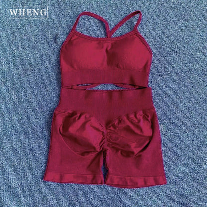 WHENG Peach Hip Lifting Suit Back Cross Sports Bra Shockproof Bra Quick Drying Shorts Set Gym Fitness Running Yoga Suit