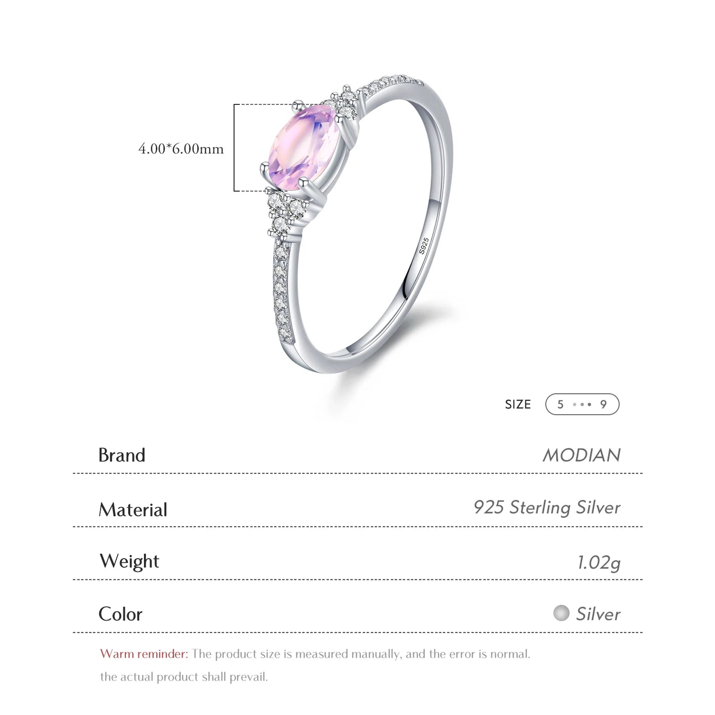 MODIAN 925 Sterling Silver Pink MoonStone Elegant Stackable Finger Ring Eternity Bands for Women Christmas Gifts Fine Jewelry