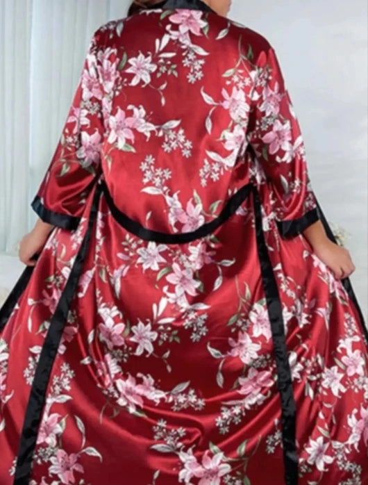 Large size sleepwear women's long imitation silk sexy nightgown set, fashionable and casual loose printed sleepwear 2-piece set - AMULET RING STORE