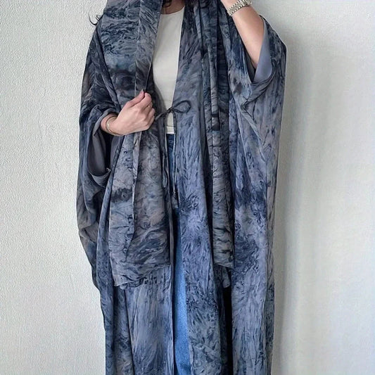 Women Tie Dye Loose Abaya Full Sleeve Open Front Abayas Turkey Kaftan Middle Eastern Arabian Maxi Dresses Jilbabs Without Hijab - AMULET RING STORE