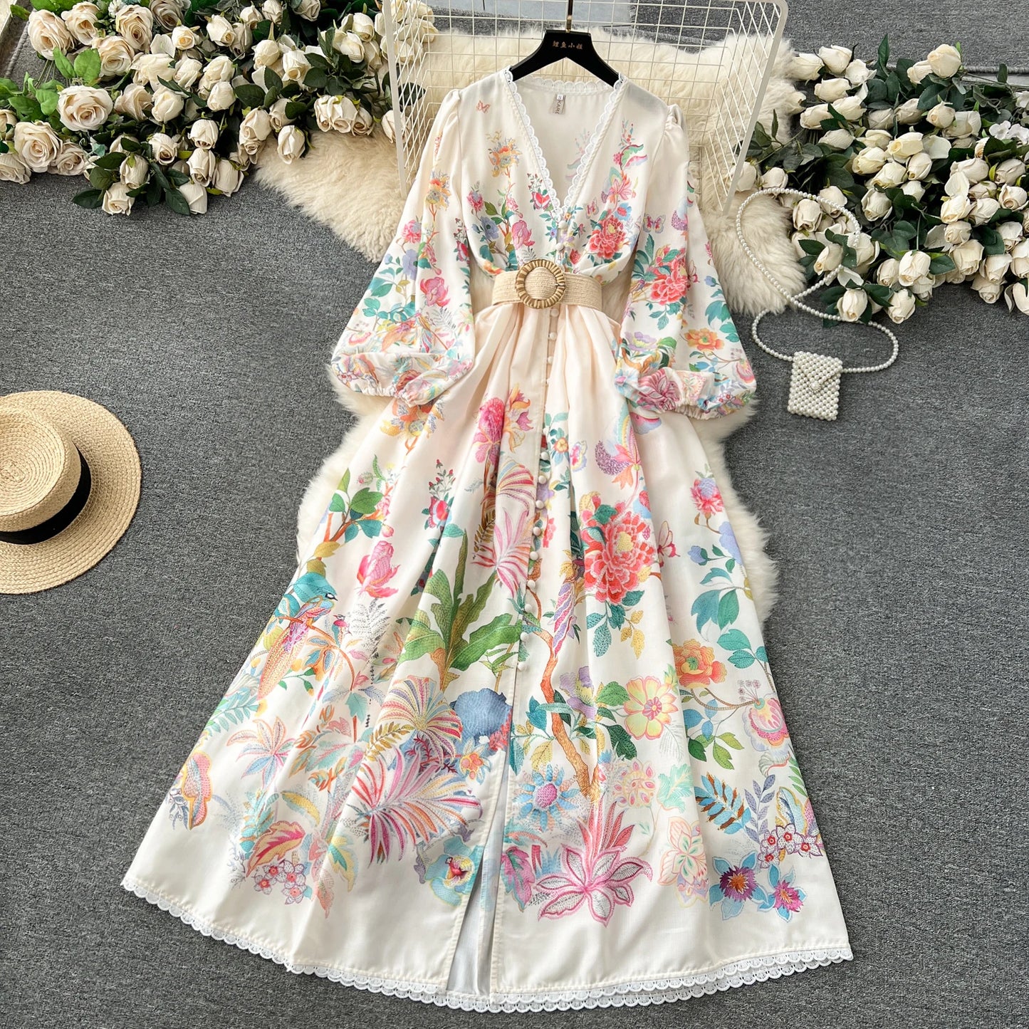 Summer Holiday Flower Robe Dress Women Lace Splicing V-Neck Long Lantern Sleeve Sashes Floral Print Maxi Vestidos Clothes 6272