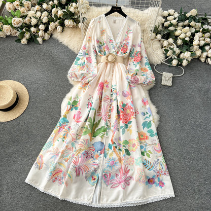 Summer Holiday Flower Robe Dress Women Lace Splicing V-Neck Long Lantern Sleeve Sashes Floral Print Maxi Vestidos Clothes 6272