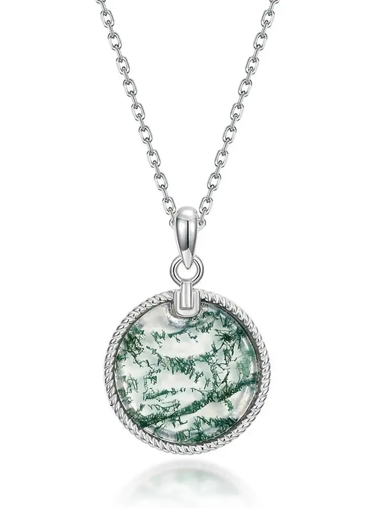 WES 100% 925 Silver Natural Unique Moss Agate Pendant Necklace for Woman Forest Jewelry Engagement Gift Boho Style Wholesale - AMULET RING STORE