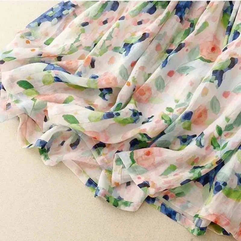 French Floral Oil Painting Elegant Chic Elastic High Waist A-line Women's Skirt Mid-Calf Long Skirts For Women Clothing Fashion