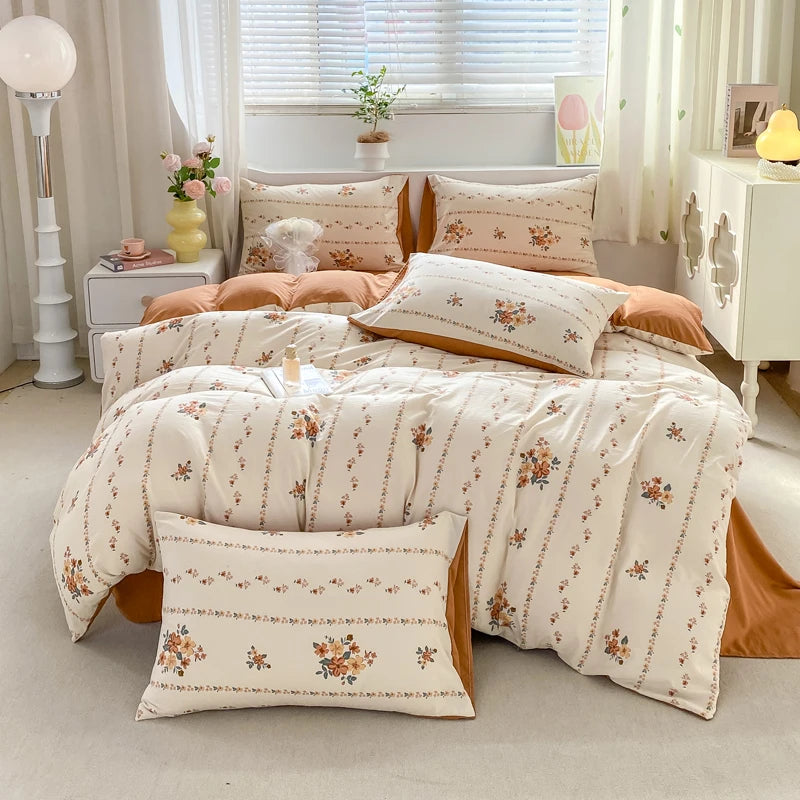 Korean Retro Floral Bedding Set 100% Washed Cotton Bed Sheets Set Soft Duvet Cover Bed Linen Pillowcase Single Double Queen King - AMULET RING STORE