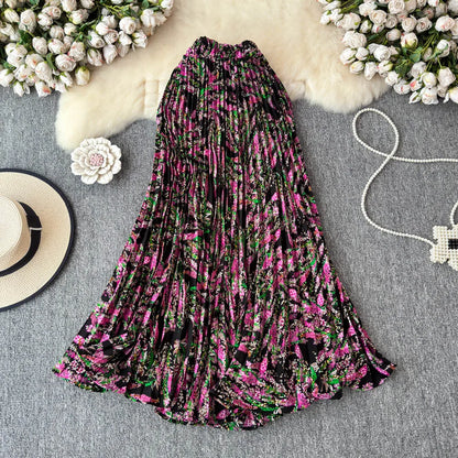 Chiffon A-Line Midi Skirt Women's Autumn 2025 New Sle Cover Hip Draped Large Swing Umbrella Skirt Pleated Floral Skirt
