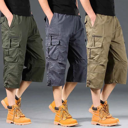 Summer Men's Cargo Shorts Loose Casual Below Knee Pants Elastic Waist Plus Size Outdoor Jogging Tactical Capri Pants