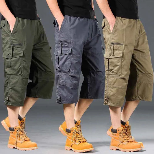 Summer Men's Cargo Shorts Loose Casual Below Knee Pants Elastic Waist Plus Size Outdoor Jogging Tactical Capri Pants