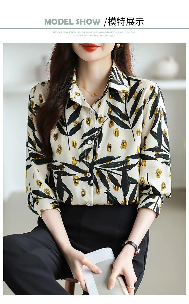 2025 Spring Autumn New Office Lady Blouse Fashion Floral Printed Shirt Turndown Collar Med-Length Long Sleeve Women Tops