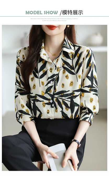 2025 Spring Autumn New Office Lady Blouse Fashion Floral Printed Shirt Turndown Collar Med-Length Long Sleeve Women Tops