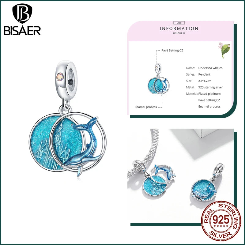 BISAER 925 Sterling Silver Charm Ocean Style Fish Dolphin Mermaid Shell Blue CZ Bead For Necklace&Bracelet DIY Fine Jewelry Gift - AMULET RING STORE