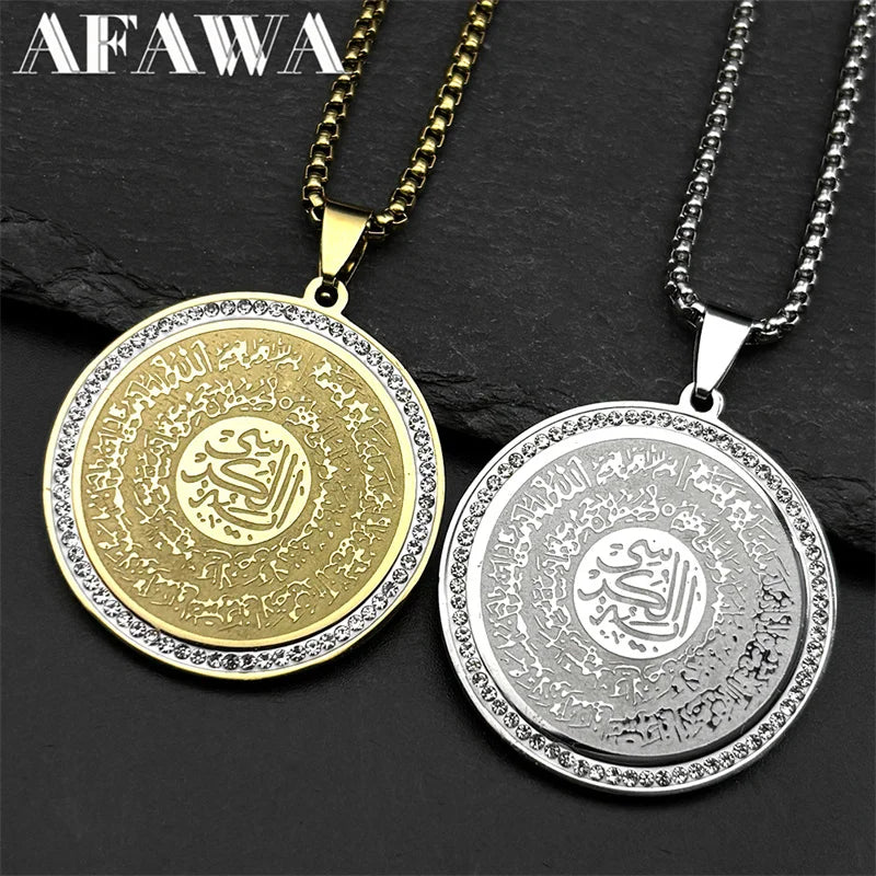 Stainless Steel Muslim Islam Quran Allah Crystals Chain Necklaces for Women Men Gold Color Round Pendants Necklaces Jewelry Gift
