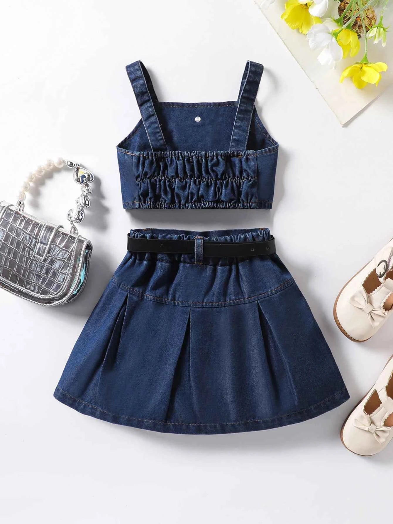 The girl-loved denim pleated skirt set features a bow blouse with an attached belt.
