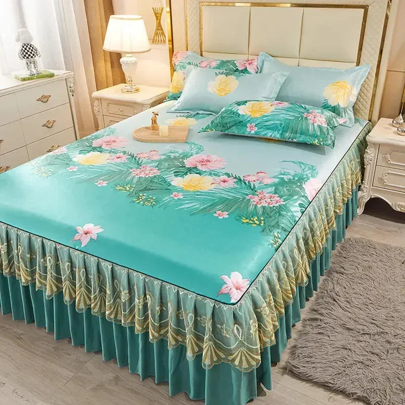 3Pcs/Lot Double Bed Sheet Set Classic Lace Royal Blue Bed Sheet Bed Skirt