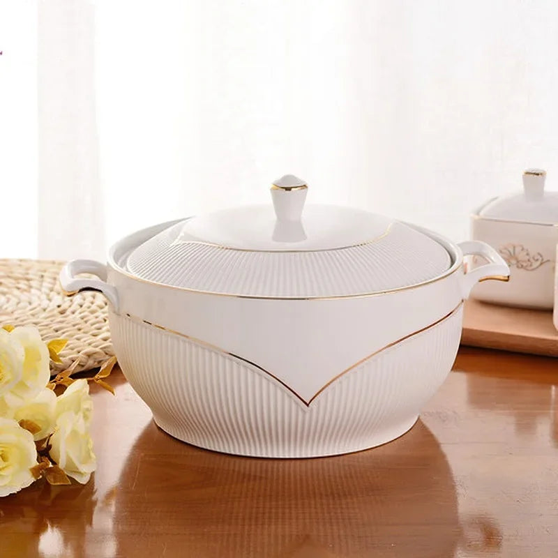Ceramic Soup Pot Nordic Phnom Penh White Round 2.6L Large Bowl with Lid Cooking Utensils Household Kitchen Supplies Tableware - AMULET RING STORE