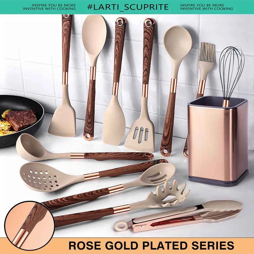 Good Quality Silicone Kitchen Utensils Set Rose Gold Plated Handle Cooking Tool Non-stick Heat Resistant Kitchenware Accessories