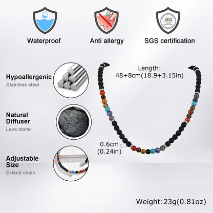 Vnox Volcanic Stone Bead Necklace for Men, Adjustable Stainless Steel Beaded Collar Chokers, Link Chain Jewelry Gift for Him New