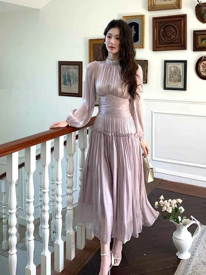 Elegant Summer Sation Long Sleeve Maxi Dresses Women Solid Fashion Ruffle Pleated Shiny Sweet Autumn Dress
