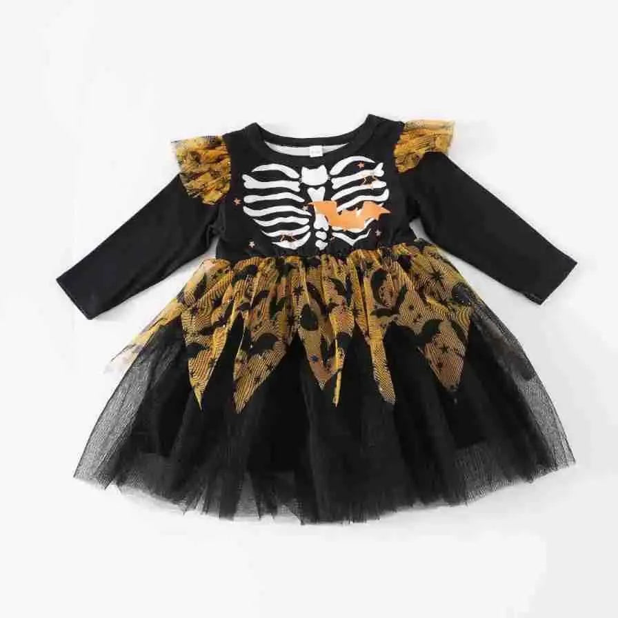 New Baby Girls Cute Cartoon Halloween Dress Long Sleeves Spliced Mesh Yarn Irregular Dress  Autumn Princess Party Tutu Dresses