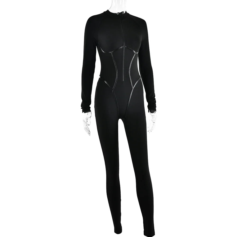Articat Sexy Zipper Women Jumpsuit Long Sleeve Bandage Tights Solid Jumpsuits Female Party Bodycon Stretch Sporty & Leisure - AMULET RING STORE