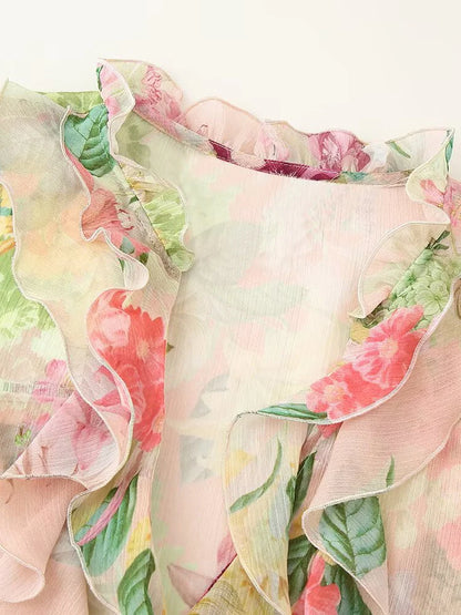 European style new women's fashion versatile temperament flower print layered decorative long sleeve shirt