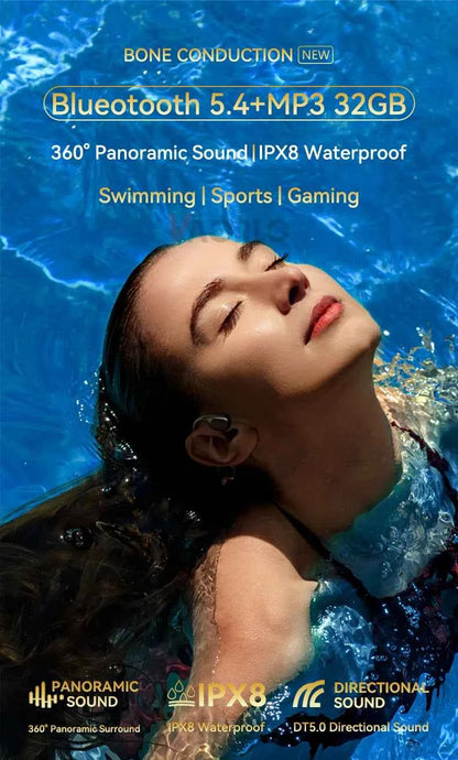 Upgrades Bluetooth 5.4 Bone Conduction Wireless Headphones 30 Meters Depth IPX8 Waterproof Swimming Headsets 32GB RAM MP3 Player